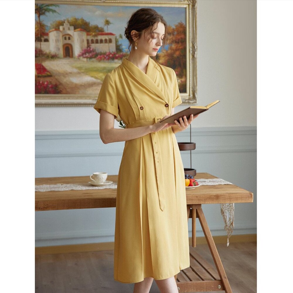 Simple Retro Charlie Shawl Collar Midi Dress with pockets